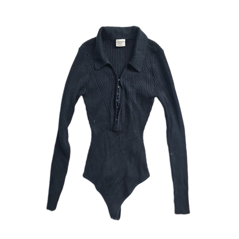 Abercrombie & Fitch Ribbed Collared Black Hook And Eye Bodysuit Small